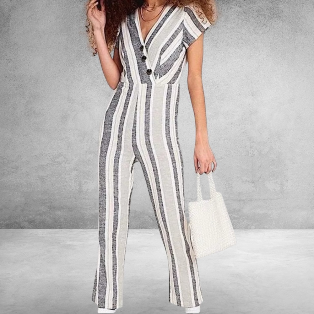 ✅ Urban Outfitters Linen Striped Surplice Button Jumpsuit Women’s Size Small